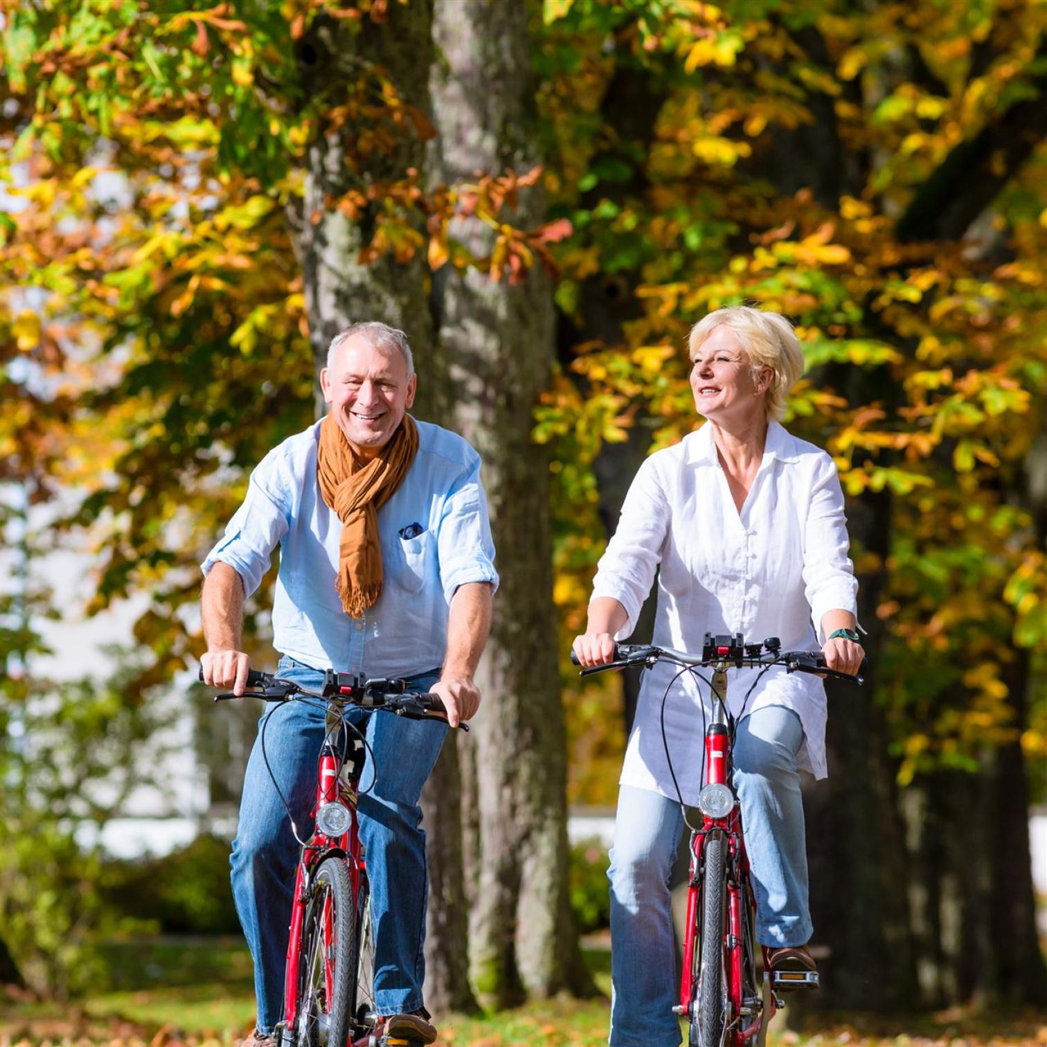 Cycling elderly couple in nature, of course in beautiful weather.