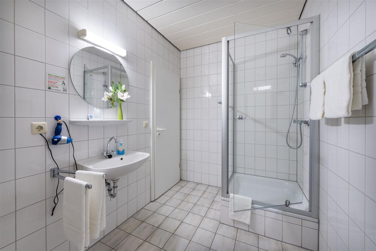 The picture shows  the bathroom in an economy double room.
